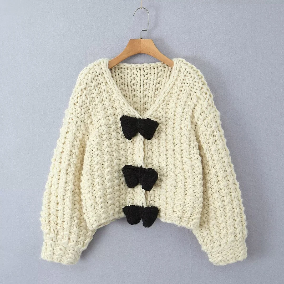 Nigikala Nigikala Bow Sweater Cardigan Jacket Languid Short Heavyweight Knitted Jersey Woman