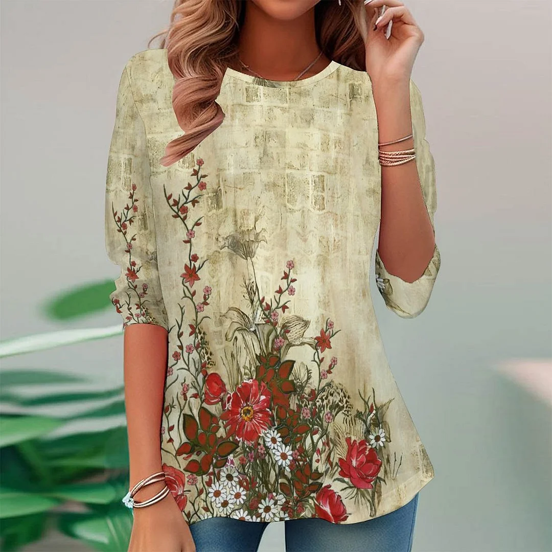 Vintage Printed Long Sleeve Plus Size Tunic for  Women and Men Unisex Pattern Floral,Red,Beige,Gray