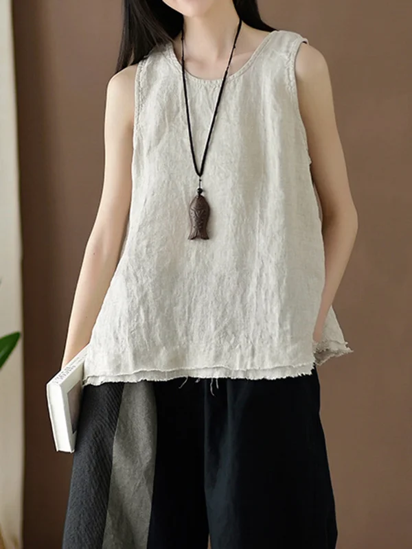 Solid Color Fringed Sleeveless Loose Round-Neck Vest Top