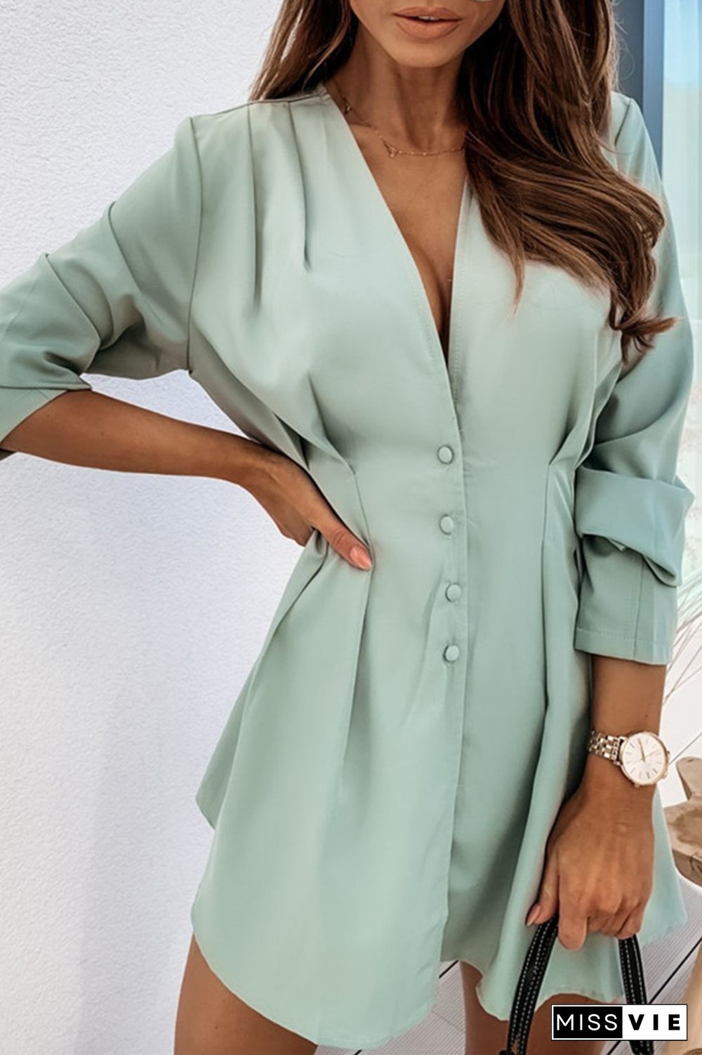 Casual Solid Patchwork V Neck Shirt Dress Dresses(4 Colors)