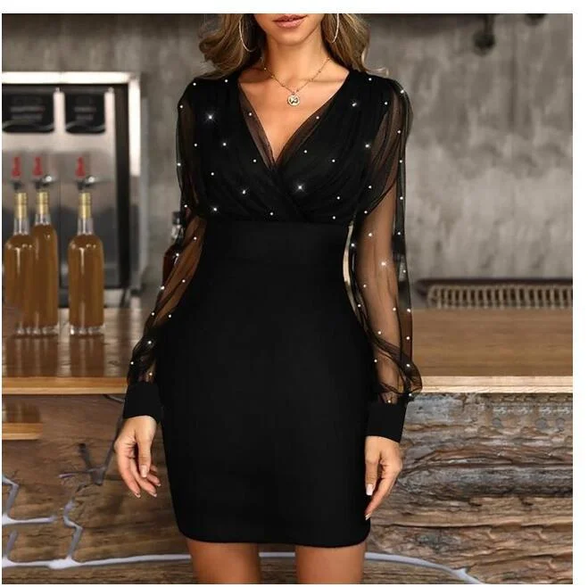 Mesh Shiny Dress Women Spring Summer New Sexy V-neck Short Dress Party Casual Long Sleeve Dresses Female Vestidos Elegant 18333