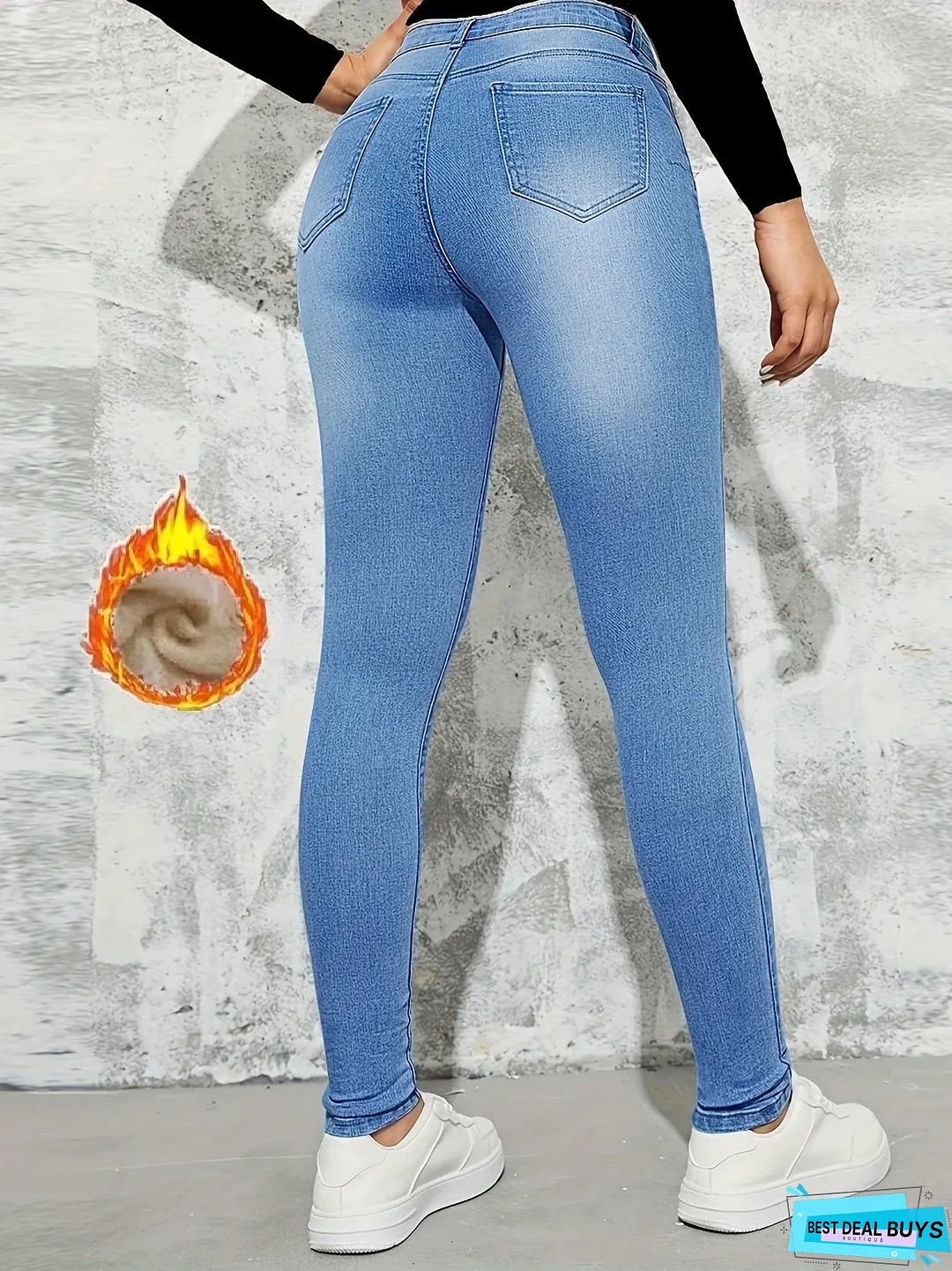 slim fit casual skinny jeans fleece liner high stretch keep warm tight womens denim