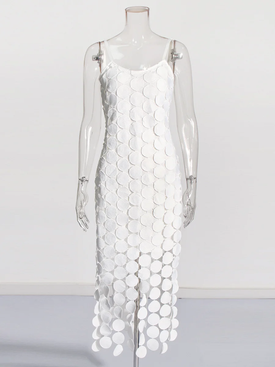 Uaang Sexy Style Slim Slings Long Skirt 2025 Summer New Embroidery Round Design Long Dress Woman