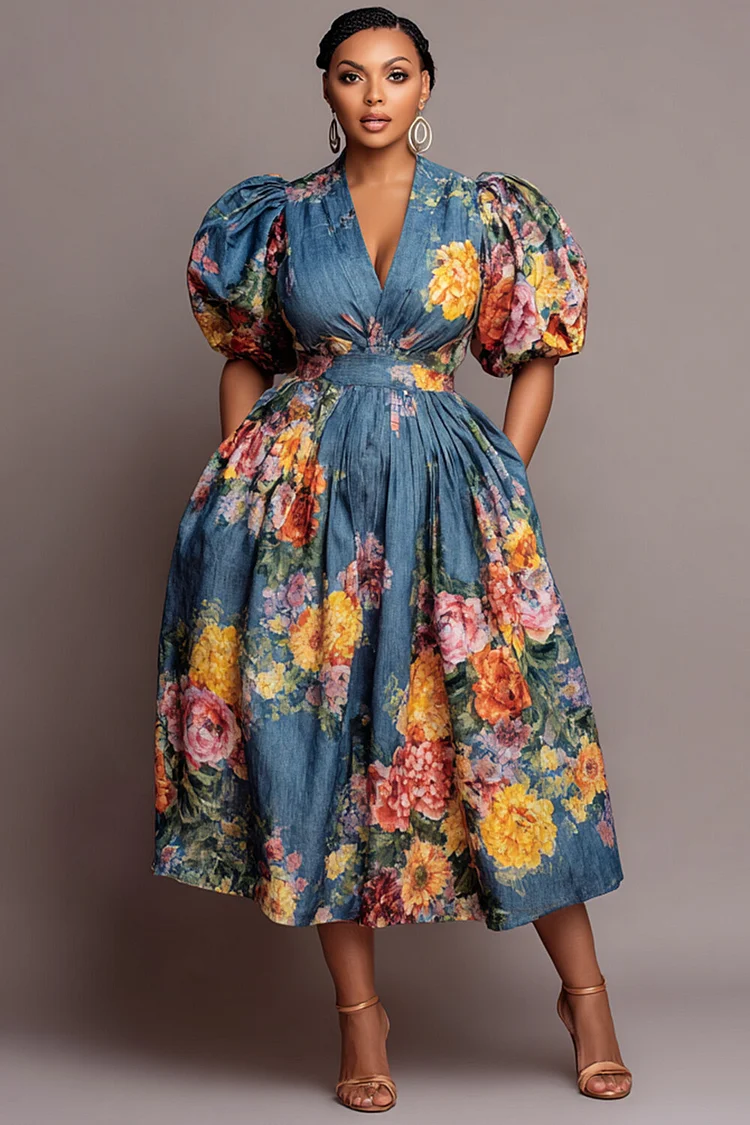 Xpluswear Design Plus Size Party Blue Floral V Neck Puff Sleeve Short Sleeve Pocket Denim Midi Dresses [Pre-Order] 2024 - Xpluswear