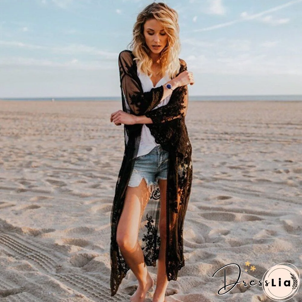 Women Summer Lace Beach Kimono Cardigan Feminino Embroidery Blouse Long Shirt Black White Camisa Feminina Tunic Outerwear