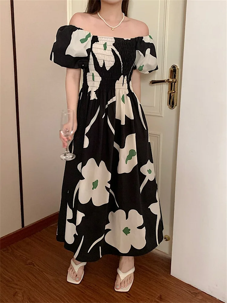 Fashion Square Neck Elastic Bust Flower Printed Puff Sleeve Dress 