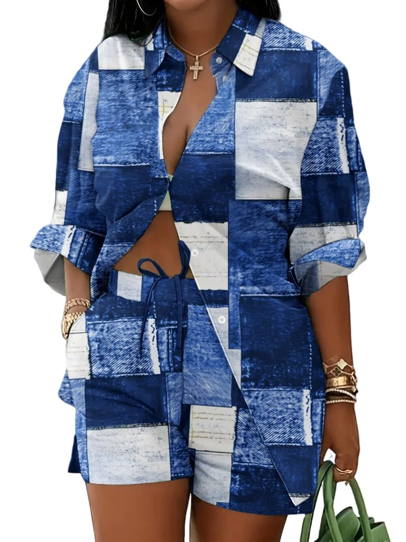 Uveng Uveng Women's Clothing Explosion Two Sets Of Long-Sleeved Shorts Printed Commuter Set