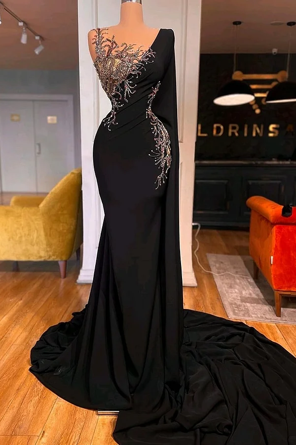 Daisda Chic Black One Shoulder Long Mermaid Prom Dress with Beadings