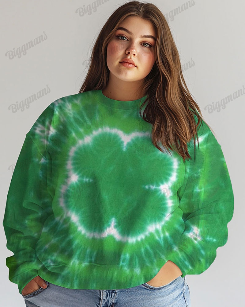 Plus Size Four Leaf Clover Pattern Tie Dye Print Casual Long Sleeve Sweatshirt