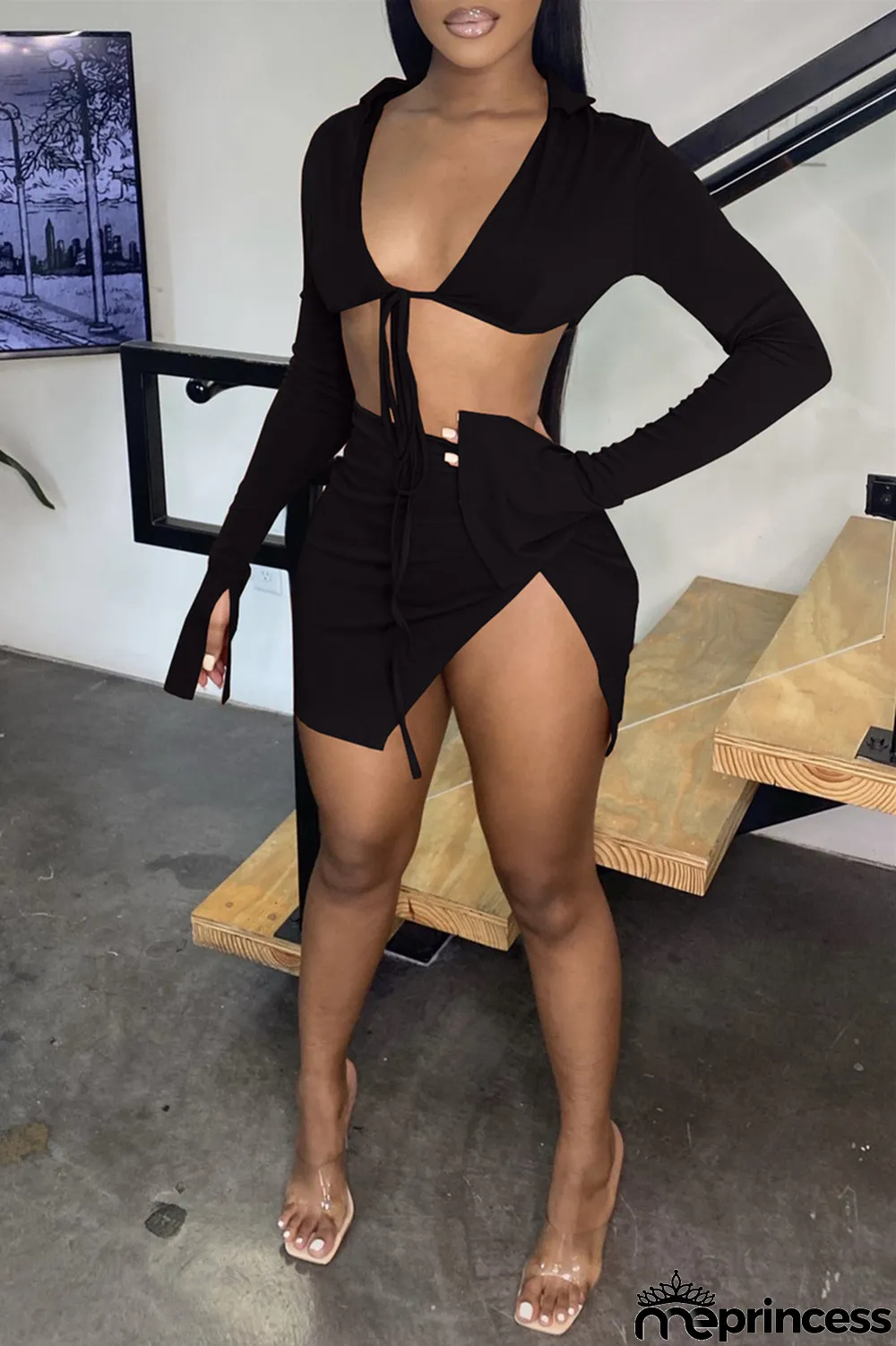 Black Sexy Casual Solid Bandage Slit V Neck Long Sleeve Two Pieces