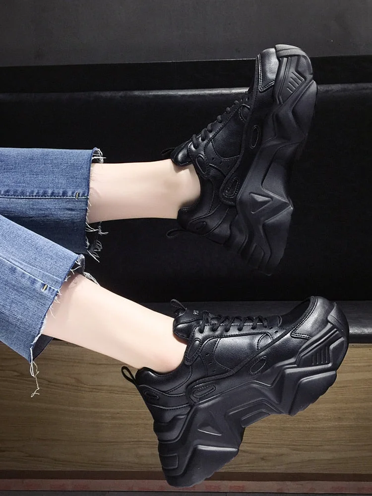 Women Platform Sneakers Leather Casual Ladies Chunky Shoes 2020 White Woman High Black Fashion Brand Thick soled Wedge Sneakers