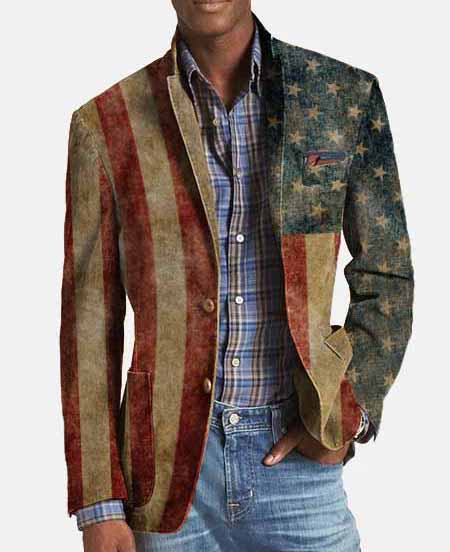 Patchwork Striped Star Print Pocket Notch Lapel Blazer