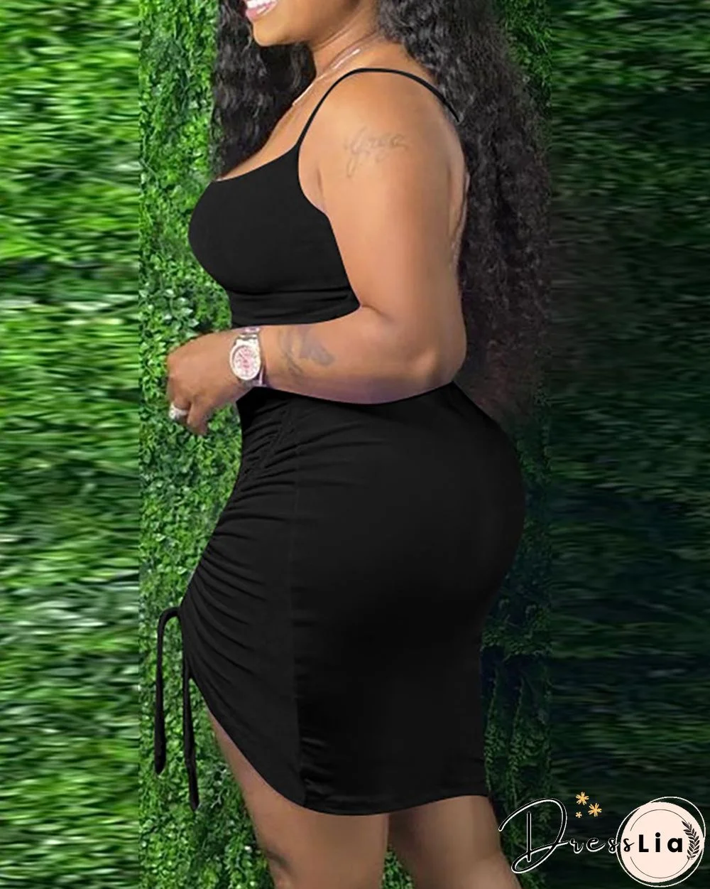 Plain Square Neck Drawstring Ruched Cami Bodycon Dress