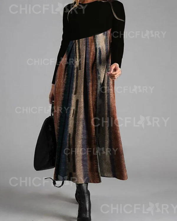 Round Neck Print Stitching Casual Long-sleeved Maxi Dress