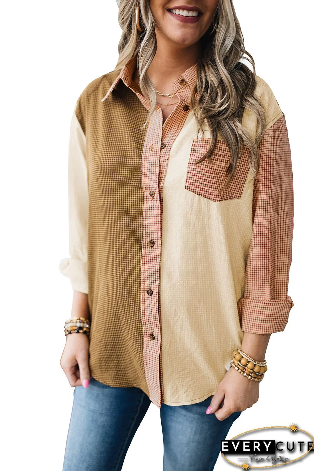 Plaid Color Block Long Sleeve Shirt