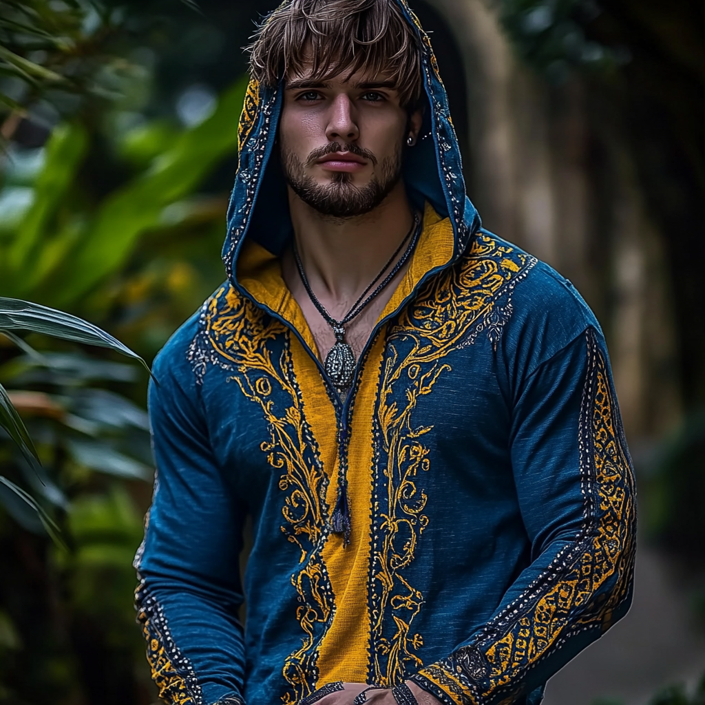 Comstylish Men's Vintage Ethnic Floral Embroidery Hooded T-shirt