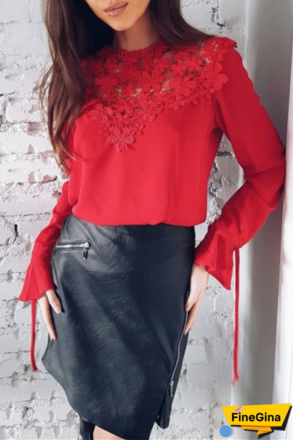 Lace Patchwork Chiffon Solid Blouse