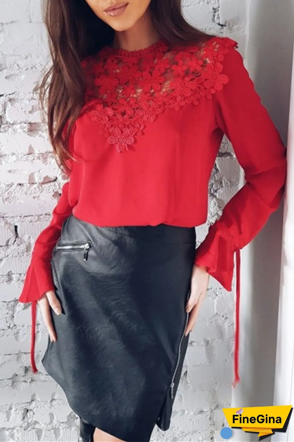 Lace Patchwork Chiffon Solid Blouse