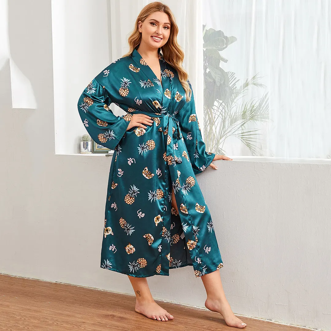 Sdrawing Sdrawing Lady Nightglove Color Lacette Simulation Silk Printing Fat Home Clothes Long-Sleeved Bathrobe Woman