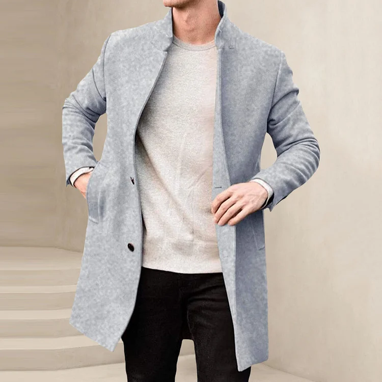 Classic Fashion Slant Pockets Stand Collar Long Sleeve Tweed Coat