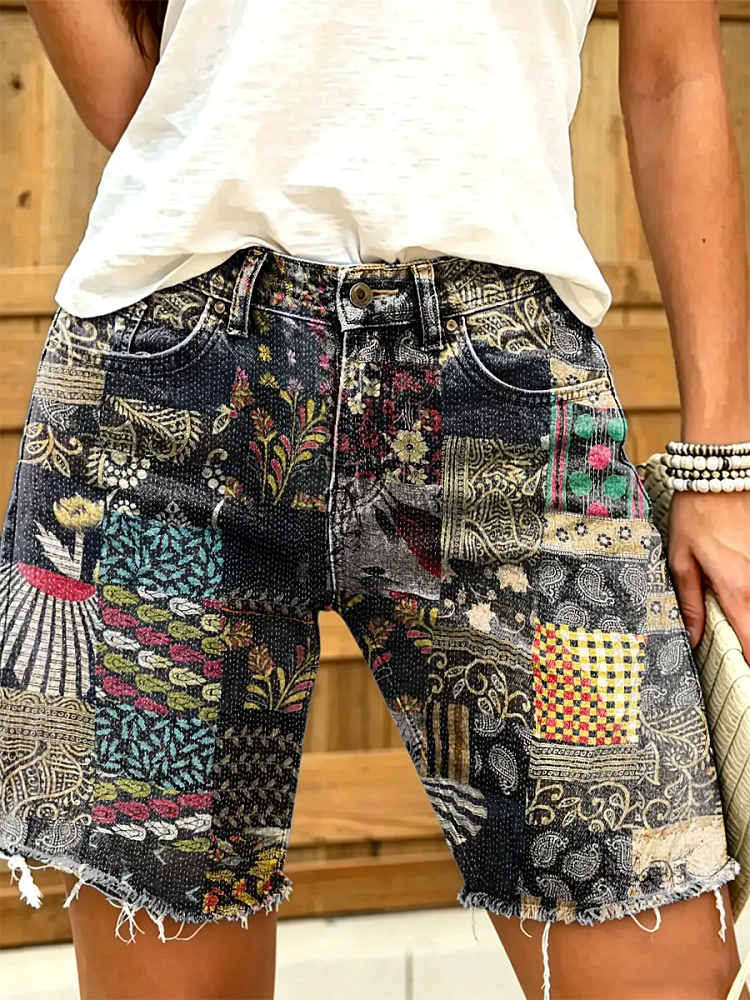 Women's Boho Paisley Floral Print Denim Shorts