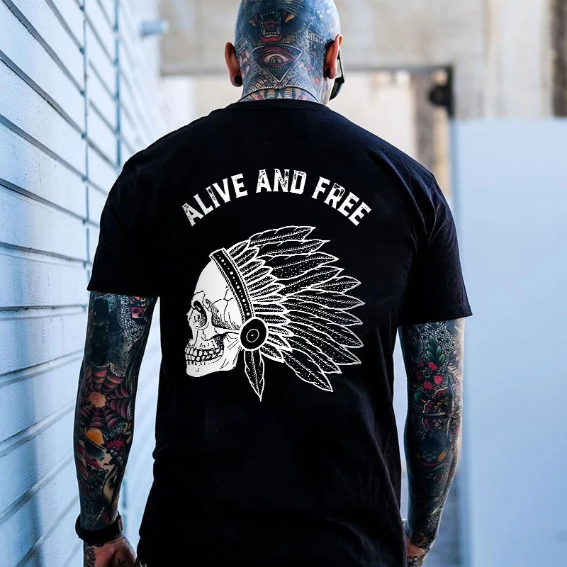 ALIVE AND FREE Indian Skull Graphic Black Print T-shirt