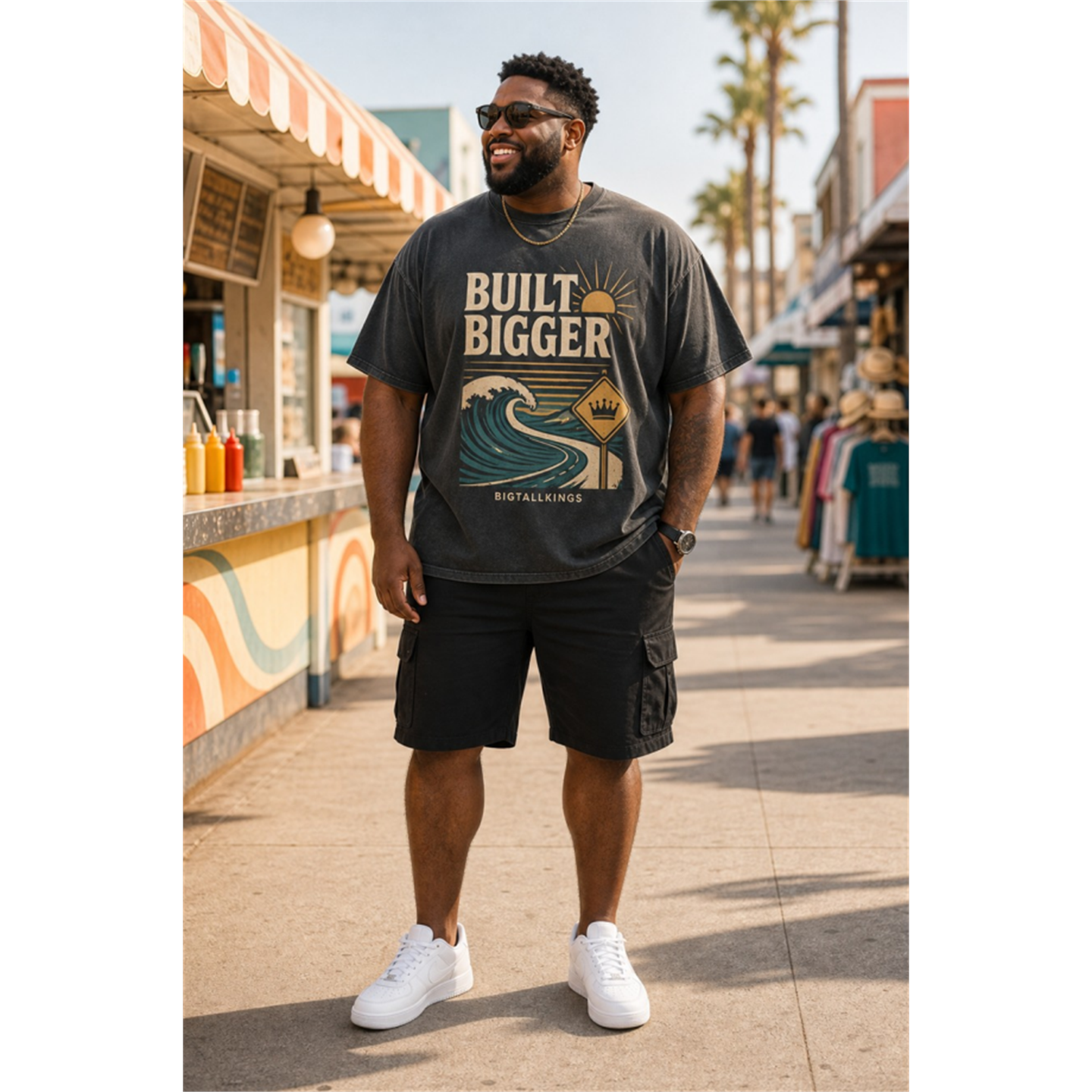Men's Plus Size Big Summer Energy Wave Print Short Sleeve T-Shirt and Shorts Set