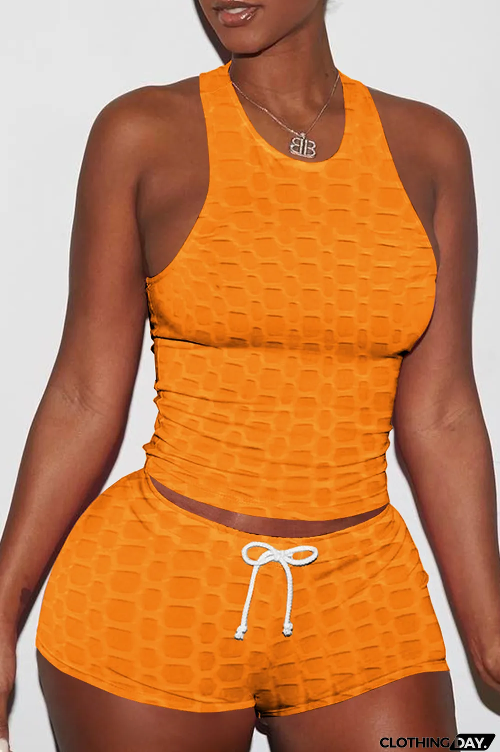 Orange Sexy Solid Backless O Neck Sleeveless Two Pieces