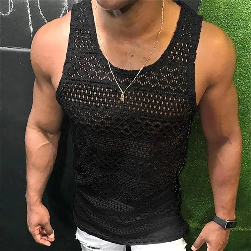 Mongw Mongw Men's New Hollow Out Breathable Vest Men's Jacket Tank Top Slim T-Shirt