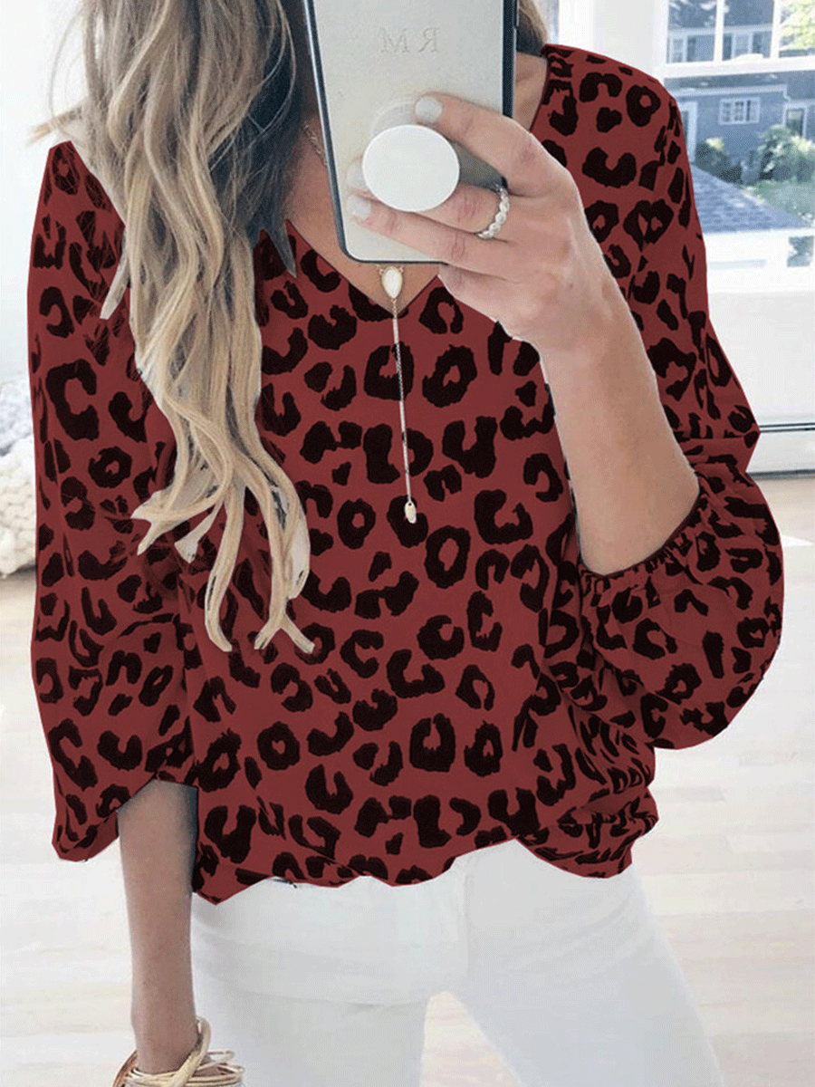 Leopard V-neck Lantern Sleeve Casual T-shirt