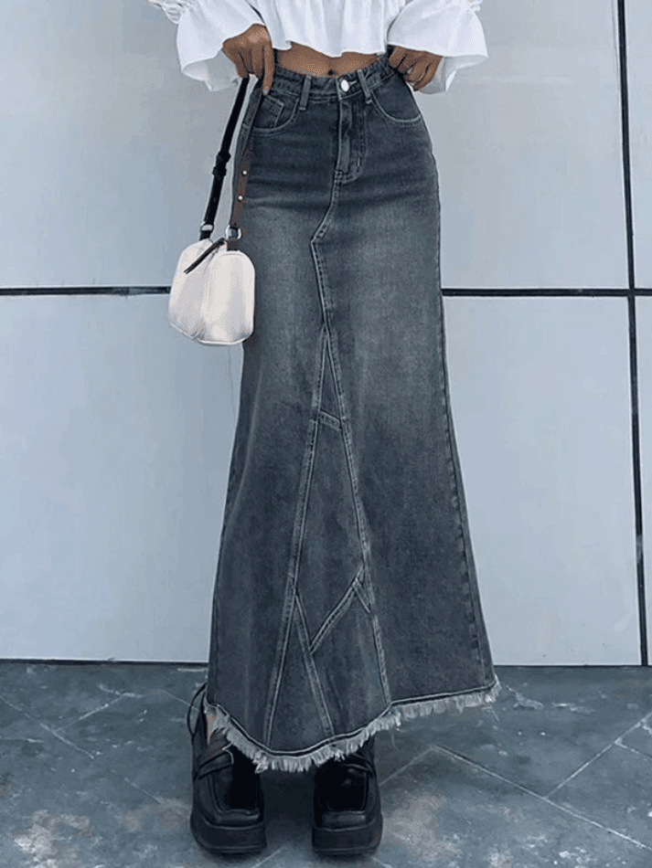 Brownm Back Slit Patchwork Long Denim Skirt