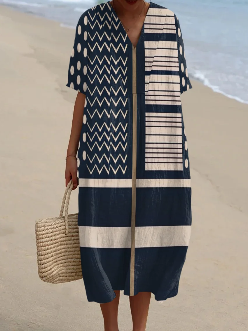 Holiday Bohemian Print V-Neck Midi Dress