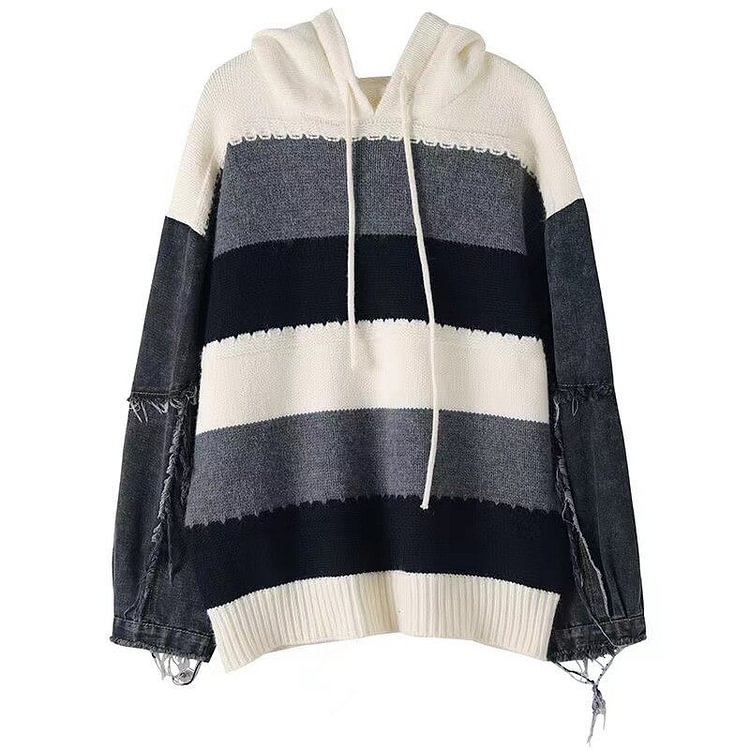 Casual Loose Hooded Contrast Color Striped Splicing Denim Long Sleeve Knitted Sweater