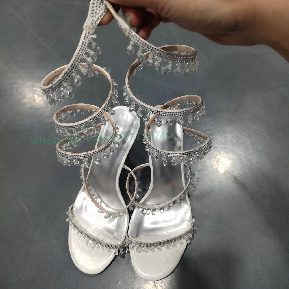 Cross Strap Crystal Pendant Sandals With Heel Women Newest Open Toe Bling Sandals Bare Heels Thin Heels Casaul Summer Sandals