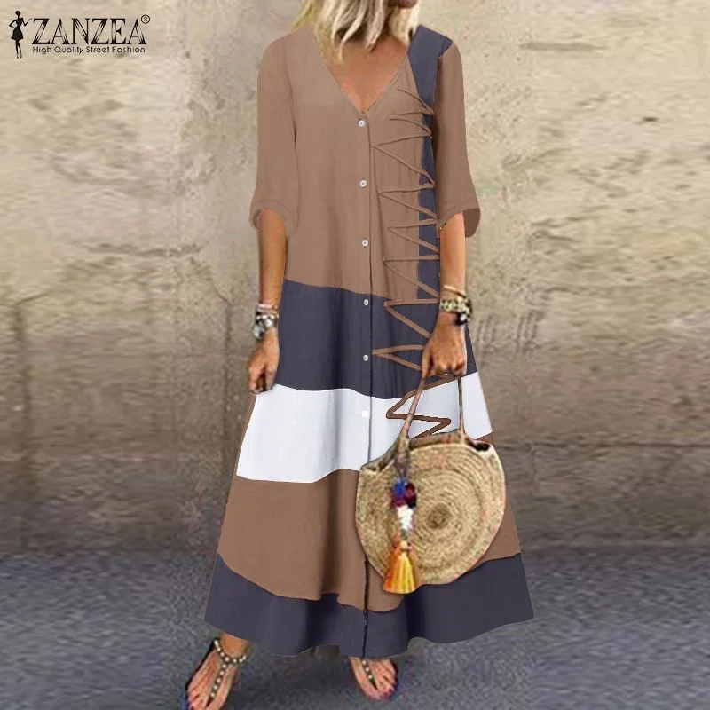 ZANZEA Summer Vintage Patchwork Long Shirt Dress Casual Buttons Down Party Vestidos Robe Femme WomenV Neck Half Sleeve Sundress