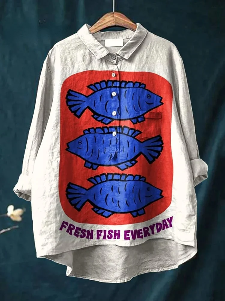 Women's Fish  Art Print Casual Cotton And Linen Shirt