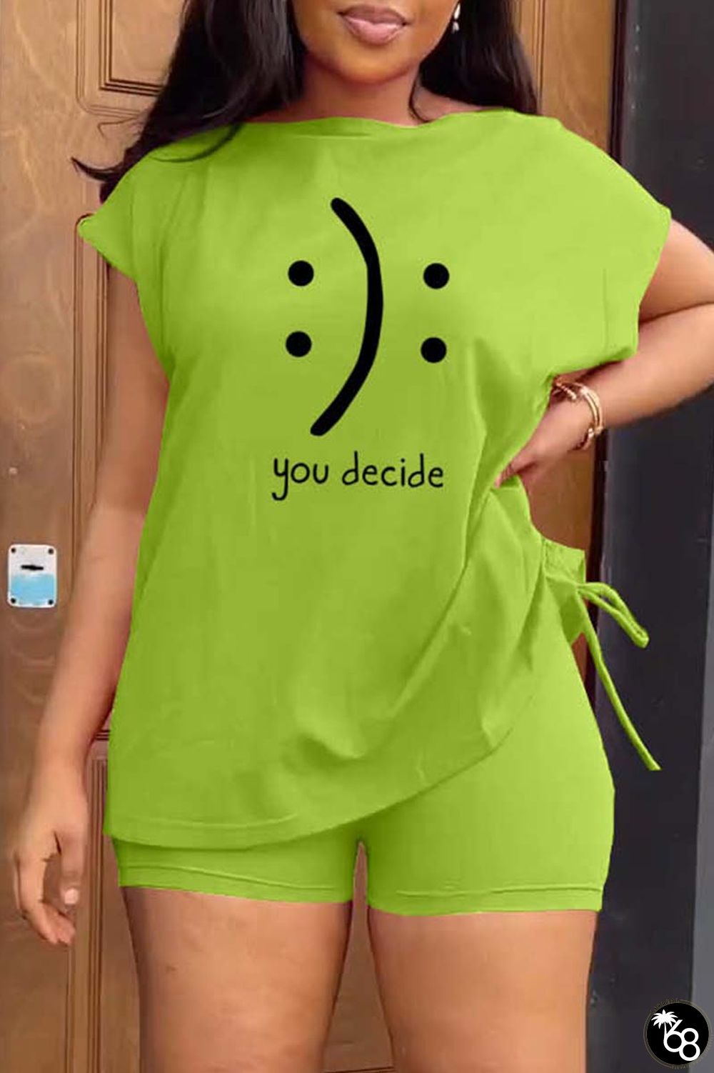 Green Black Casual Print Basic O Neck Short Sleeve Two Pieces | 168DEAL