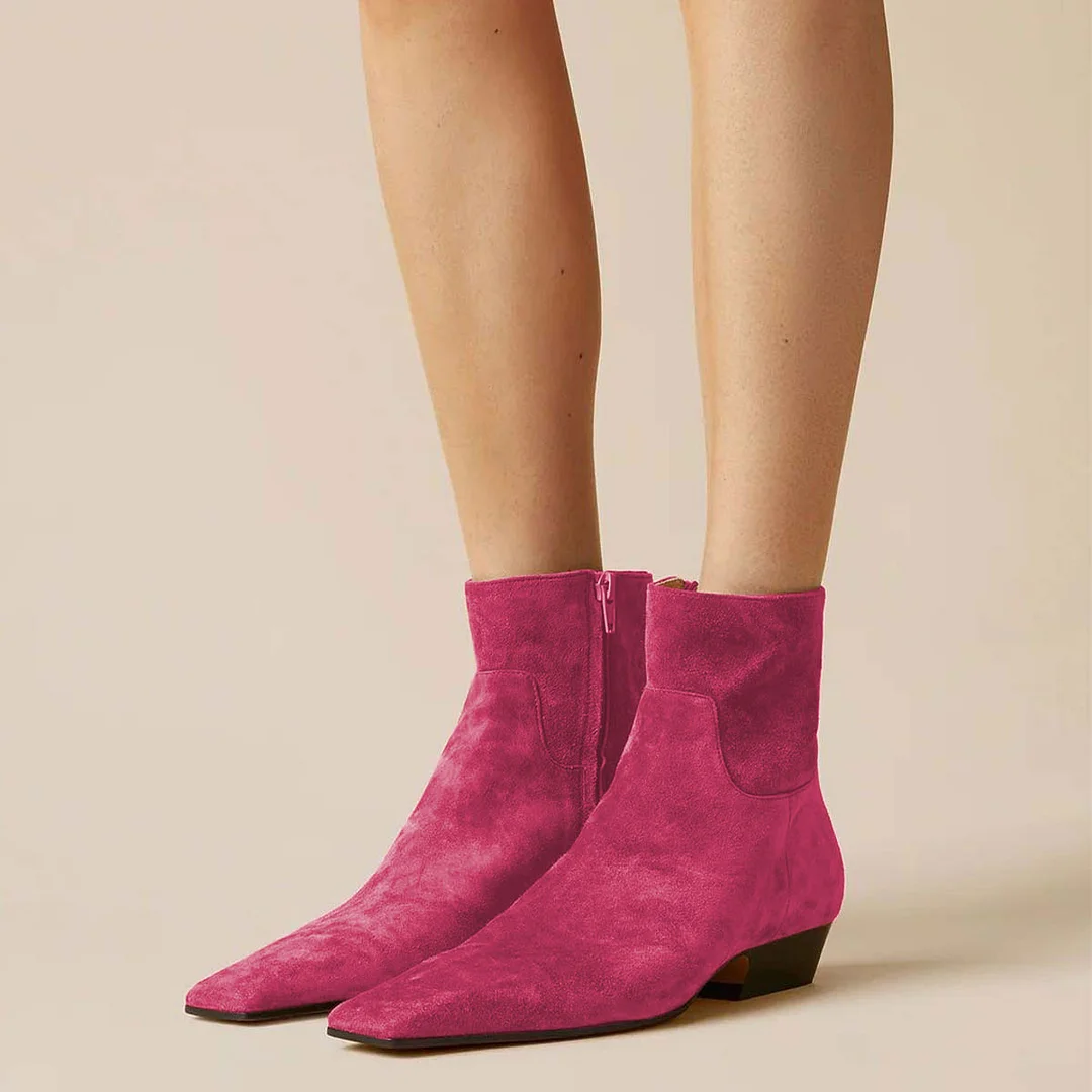 Vegan Suede Square Toe Side Zipper Low Heel Ankle Boots in Fuchsia