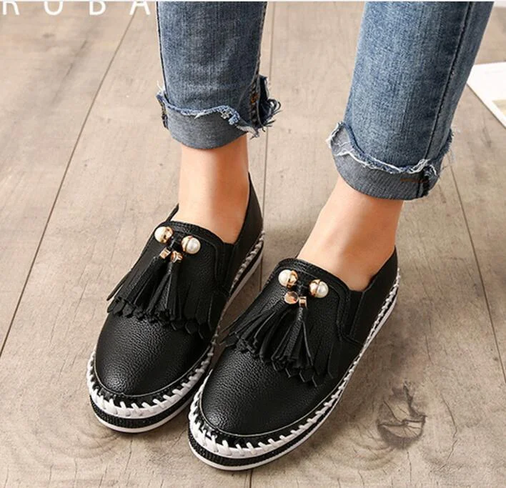 Crystal Small White Leather Shoes Women Tassel Espadrilles Creepers Fishermen Flats Ladies Loafers Handmade Leather Moccasins