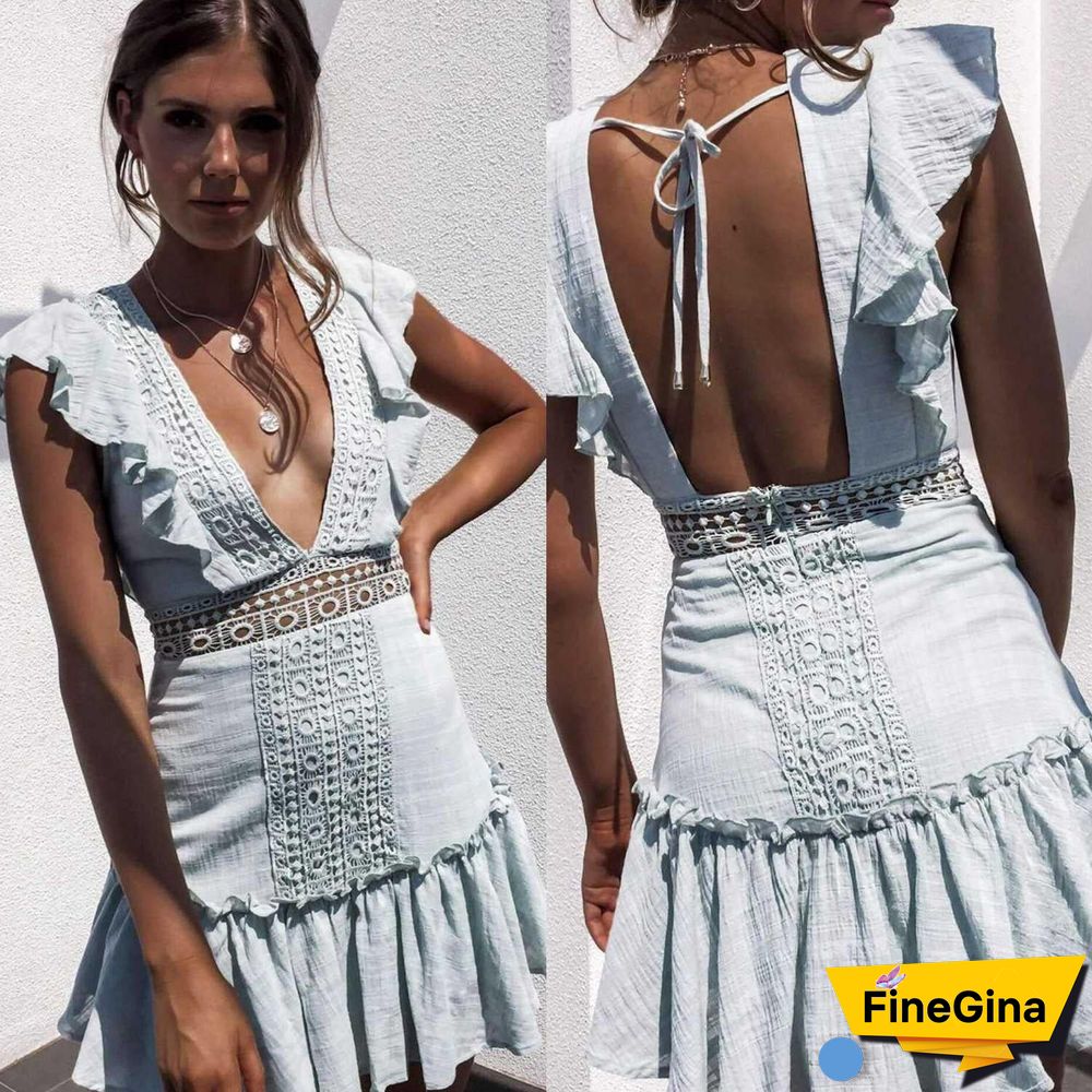 Ruffle Top Deep Plunging Eyelet Lace Crochet Frill Hem Dress