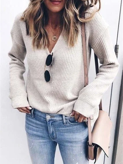 Women's Solid Color V-Neck Knitwear Long Sleeve Top
