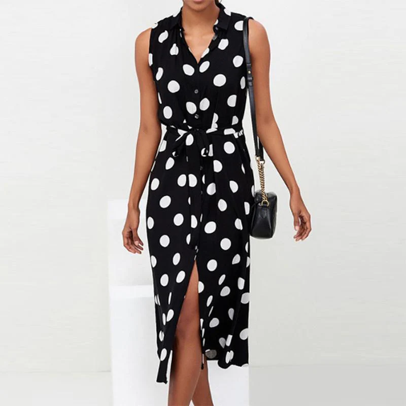 V Neck Belt Dot Sleeveless Maxi Dresses