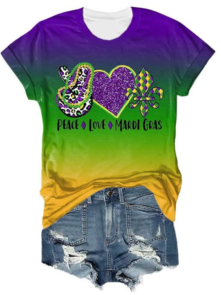 Peace Love Mardi Gras Print Gradient T Shirt