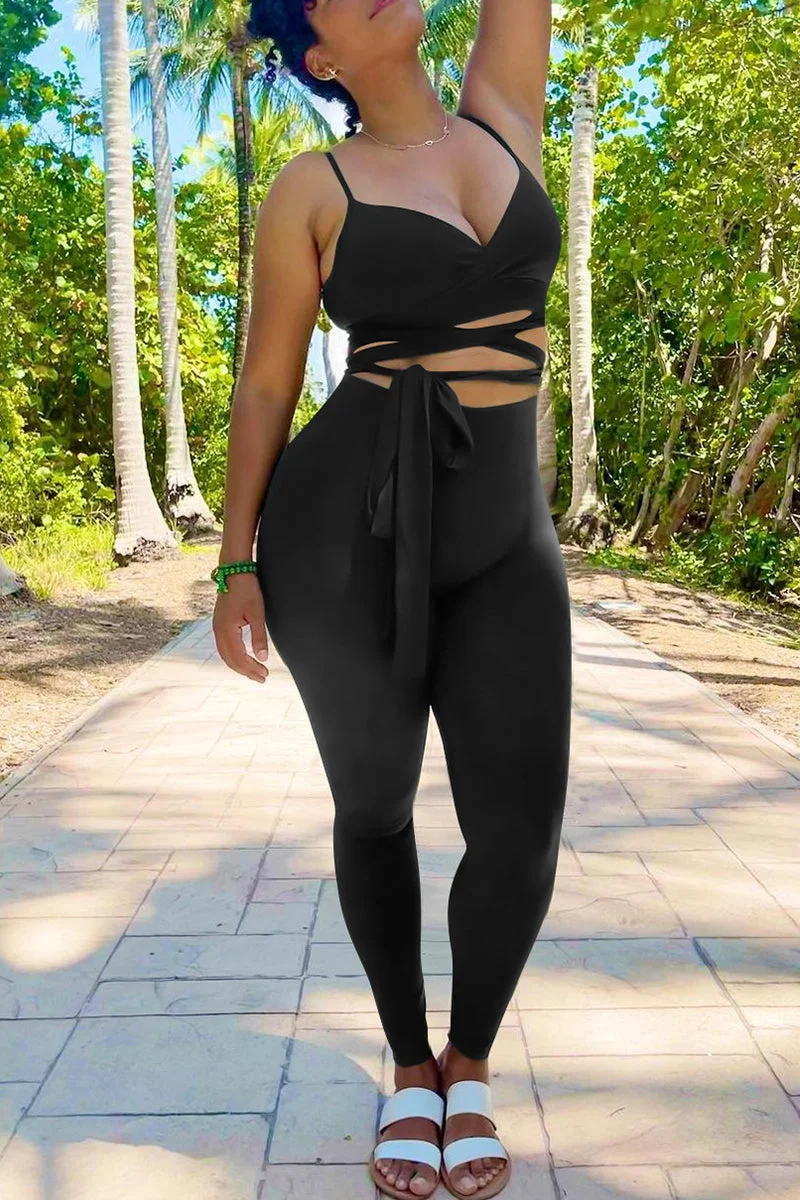 Fashion Sexy Solid Bandage Backless V Neck Sleeveless Two Pieces
