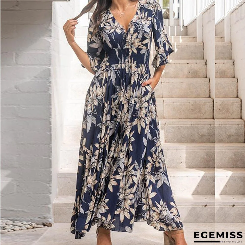 Light New V-neck Elegant Short-sleeved Printed Dress | EGEMISS