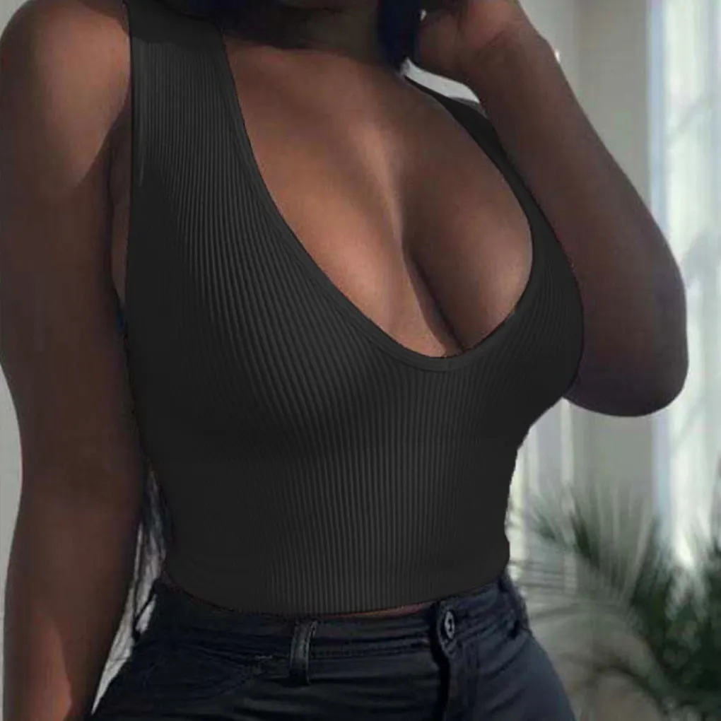 wsevypo Women Summer Sports Vest Solid Color Straps Ribbed Crop Tops Casual Slim Fit V-Neck Low Cut Sleeveless Tank Tops