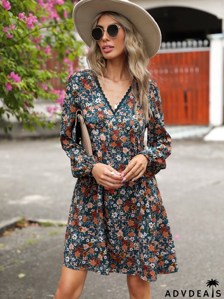 Floral Print Lace Trim A-line Dress