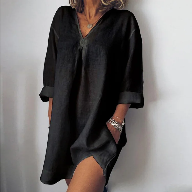 Casual Pocket V Neck 3/4 Sleeve Linen Dress