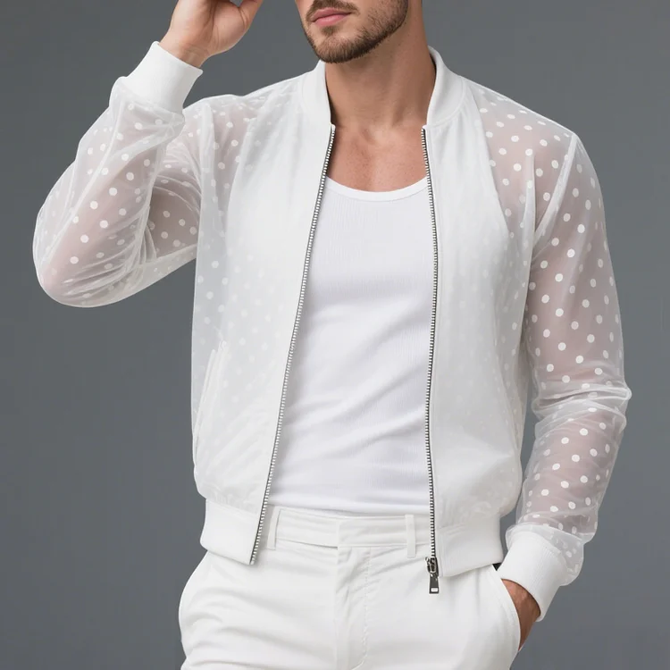 Okaywear Mesh See-Through Polka Dot Zip Up Bomber Jacket Okaywear