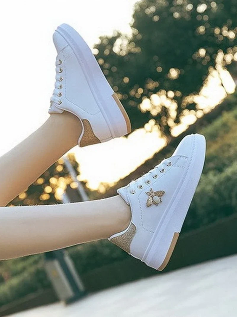 Breakj Women Casual Shoes 2022 New Women Sneakers Fashion Breathable PU Leather Platform White Women Shoes Soft Footwears Rhinestone